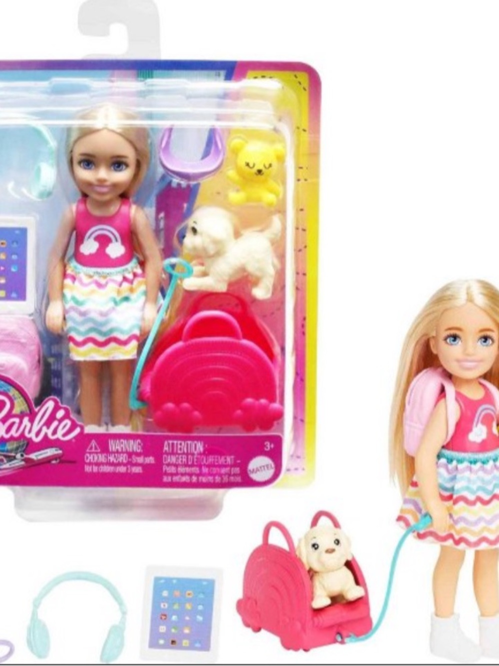 Barbie Chelsea Doll with Pink Backpack, Multicolor Chevron Dress & Puppy